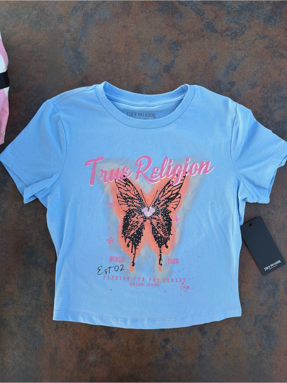 True Religion Y2K Baby Tee, Beaded Butterfly Graphic Tee, NWT